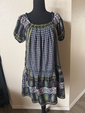 Monroe & Main Navy, Green, White Bohemian Midi Dress